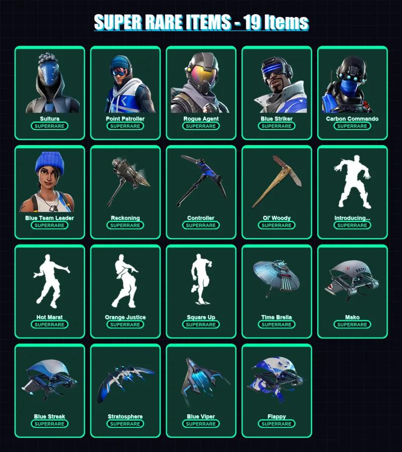 [PS4/PS5/XBOX/PC] | Sultura | Point Patroller | Rogue Agent | Blue Striker | Carbon Commando | 59 skin | 73 pickaxe | 85 emote | 79 glider | Lv1407