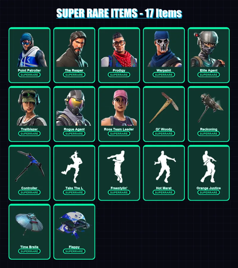 [PS4/PS5/XBOX/PC] | Point Patroller | The Reaper | Prodigy | Warpaint | Elite Agent | 95 skin | 99 pickaxe | 104 emote | 108 glider | Lv1560