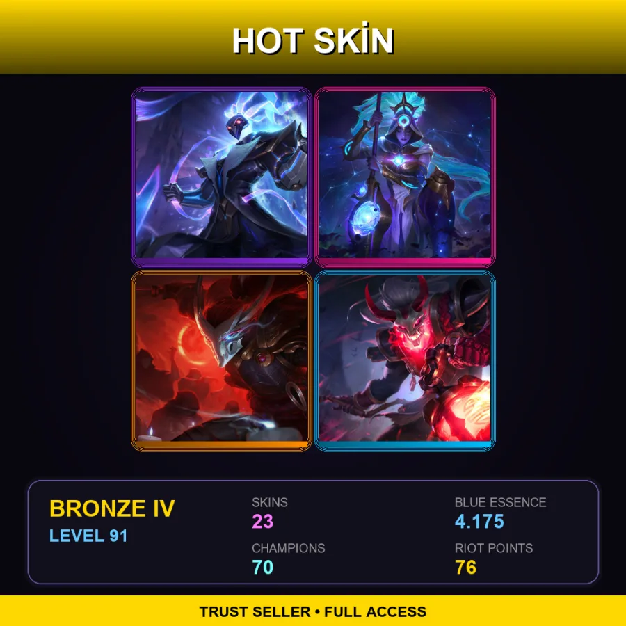 EUNE | Pulsefire Thresh | Cosmic Huntress Nidalee | Blood Moon Yasuo | Blood Moon Thresh | 23 Skin | 70 Champ | Bronze IV | Lv91