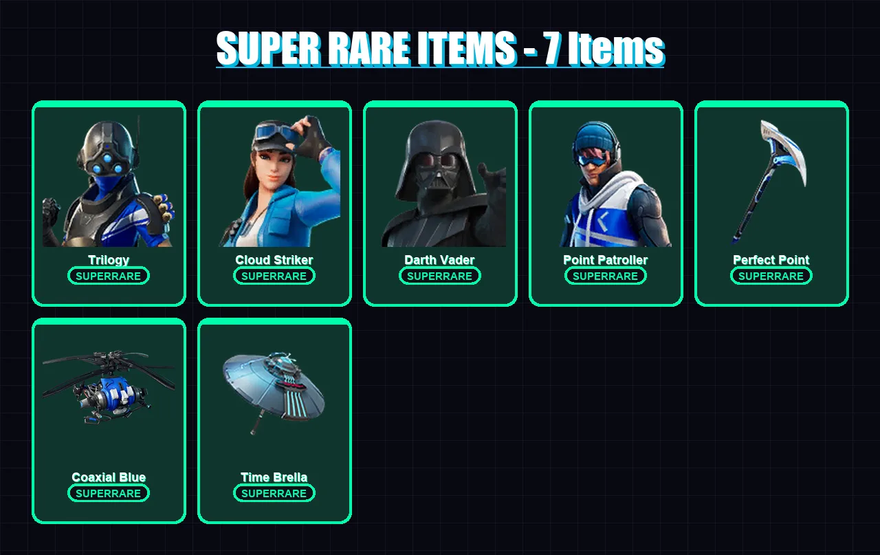 [PS4/PS5/XBOX/PC] | Trilogy | Cloud Striker | Darth Vader | Point Patroller | The Imagined | 43 skin | 64 pickaxe | 41 emote | 70 glider | Lv1100
