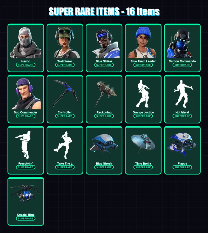 [PS4/PS5/XBOX/PC] | Havoc | Trailblazer | Blue Striker | Blue Team Leader | Carbon Commando | 133 skin | 100 pickaxe | 96 emote | 100 glider | Lv133