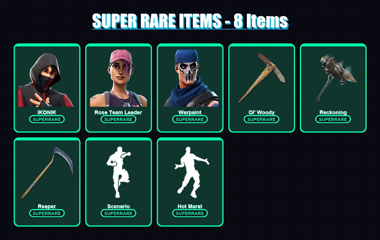 [PC] | IKONIK | Rose Team Leader | Warpaint | Deadpool | Dire | 57 skin | 55 pickaxe | 58 emote | 57 glider | Lv759