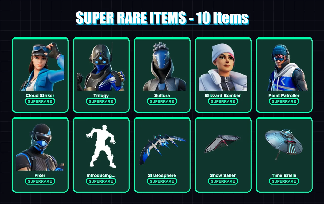 [PC/XBOX] | Cloud Striker | Trilogy | Sultura | Blizzard Bomber | Point Patroller | 111 skin | 149 pickaxe | 111 emote | 129 glider | Lv2559