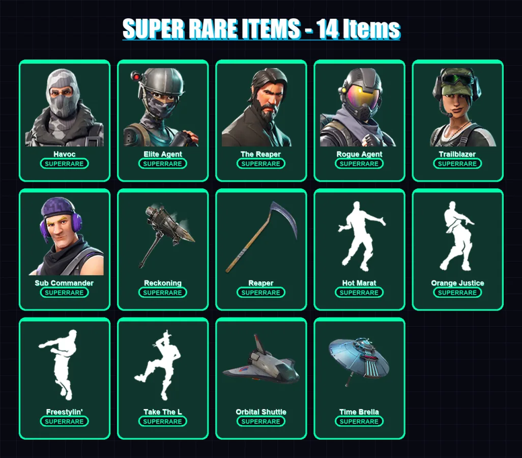 [PC/XBOX] | Havoc | Elite Agent | The Reaper | Rogue Agent | Trailblazer | 48 skin | 57 pickaxe | 58 emote | 59 glider | Lv708