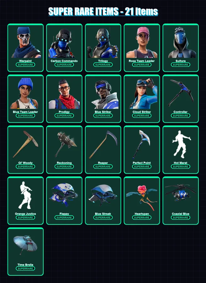 [PC] | Warpaint | Carbon Commando | Trilogy | Rose Team Leader | Sultura | 213 skin | 173 pickaxe | 203 emote | 118 glider | Lv1128