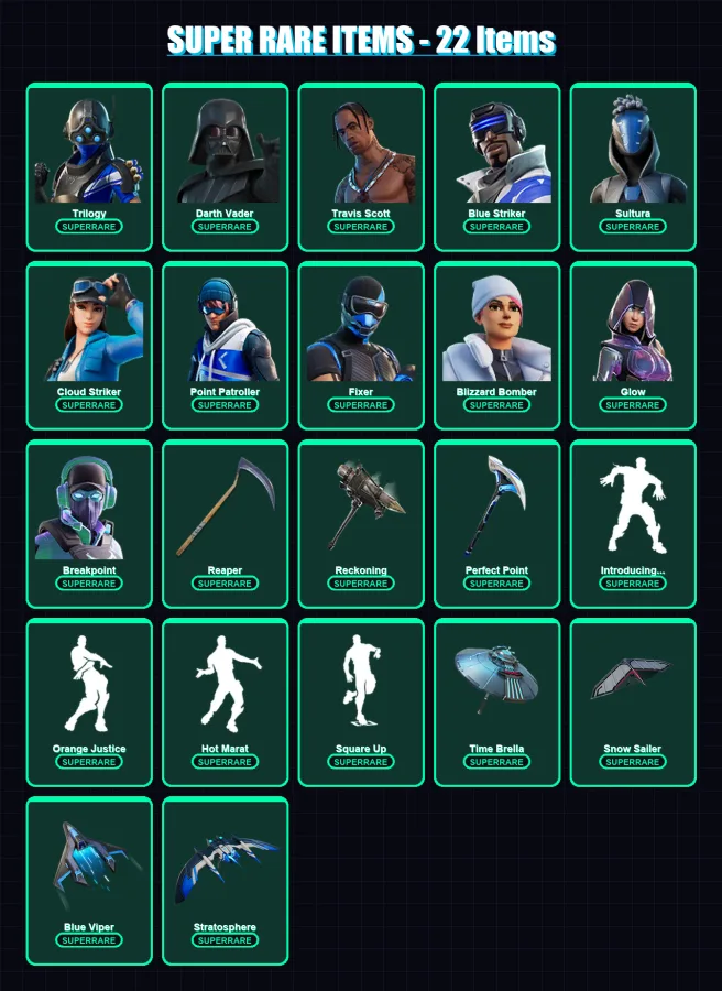 [PS4/PS5/XBOX/PC] | Trilogy | Darth Vader | Travis Scott | Blue Striker | Sultura | 180 skin | 174 pickaxe | 142 emote | 154 glider | Lv2043