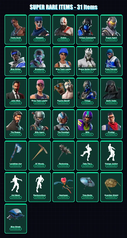[PS4/PS5/PC] | Travis Scott | Warpaint | Kratos | Carbon Commando | Rogue Agent | 674 skin | 557 pickaxe | 493 emote | 306 glider | Lv3745