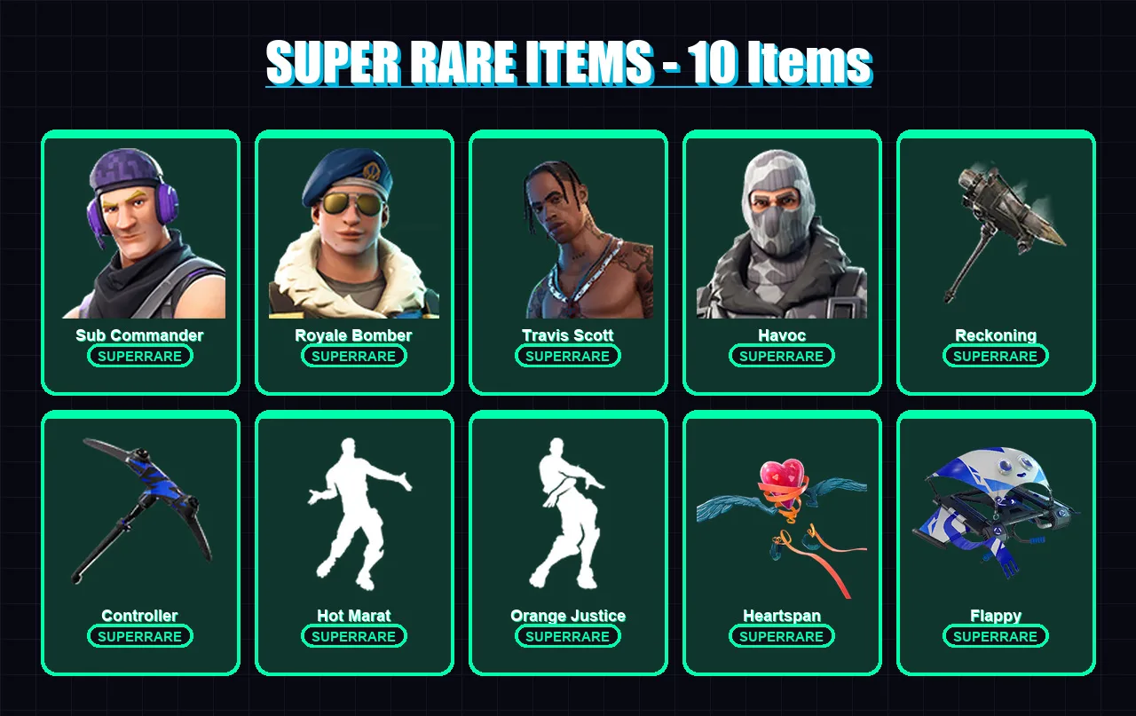 [PC/XBOX] | Sub Commander | Royale Bomber | Travis Scott | Havoc | Blackheart | 57 skin | 48 pickaxe | 60 emote | 64 glider | Lv928