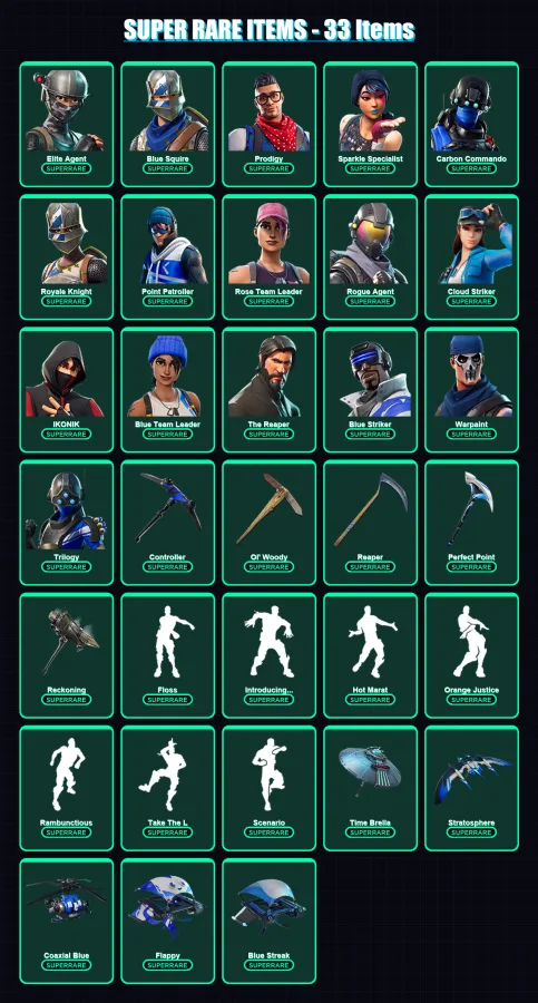 [PC/XBOX] | Elite Agent | Blue Squire | Prodigy | Sparkle Specialist | Carbon Commando | 139 skin | 101 pickaxe | 117 emote | 96 glider | Lv1252