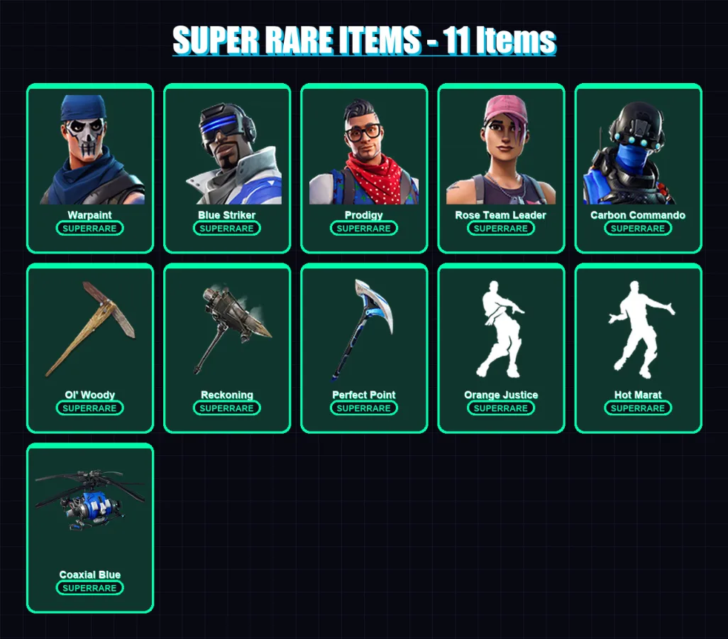 [PC/XBOX] | Warpaint | Blue Striker | Prodigy | Rose Team Leader | Carbon Commando | 81 skin | 101 pickaxe | 98 emote | 87 glider | Lv1084