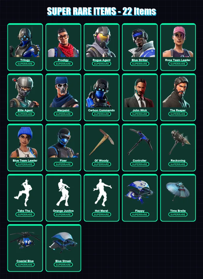 [PC/XBOX] | Trilogy | Prodigy | Rogue Agent | Blue Striker | Rose Team Leader | 55 skin | 47 pickaxe | 55 emote | 58 glider | Lv604 — Fortnite account