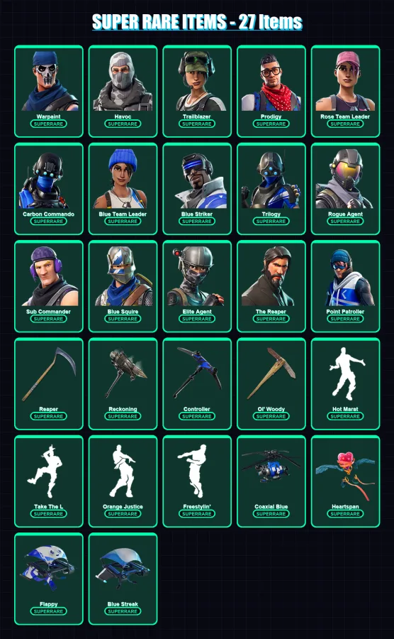 [PC/XBOX] | Warpaint | Havoc | Trailblazer | Prodigy | Rose Team Leader | 100 skin | 90 pickaxe | 82 emote | 73 glider | Lv797 — Fortnite account