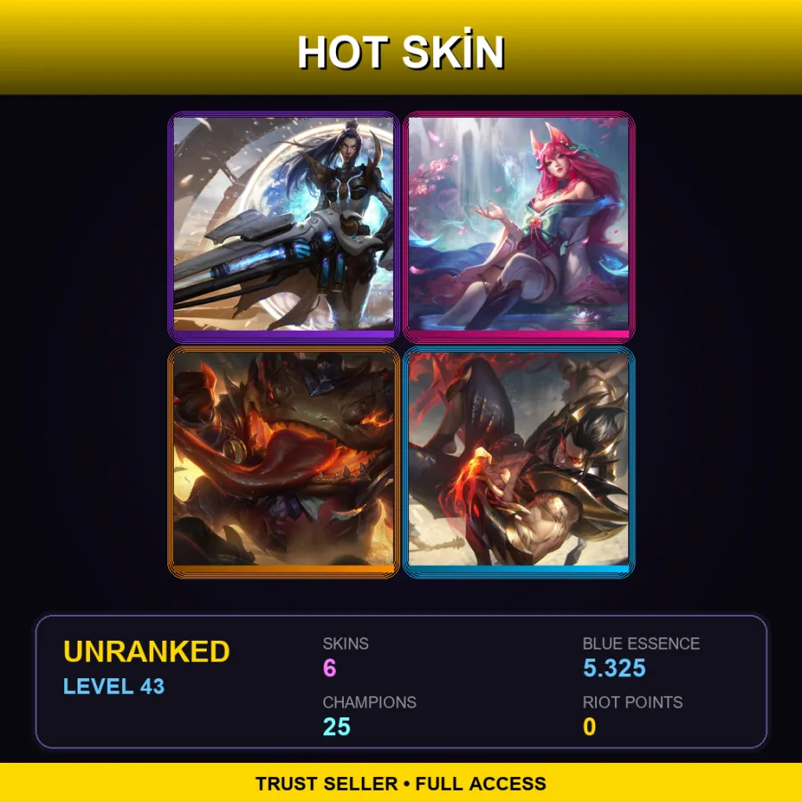 EUW | Pulsefire Caitlyn | Spirit Blossom Ahri | High Noon Tahm Kench | Obsidian Dragon Sett | 6 Skin | 25 Champ | Lv43