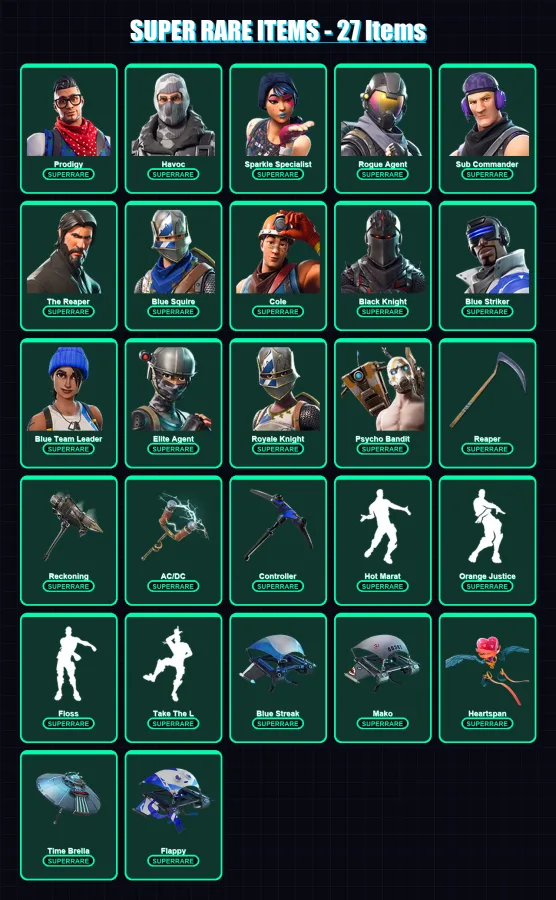 [PC/XBOX] | Prodigy | Havoc | Sparkle Specialist | Rogue Agent | Sub Commander | 97 skin | 60 pickaxe | 83 emote | 77 glider | Lv1243