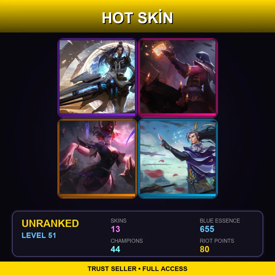 BR | Pulsefire Caitlyn | Blood Moon Twisted Fate | Blood Moon Evelynn | Eternal Sword Yi | 13 Skin | 44 Champ | Lv51