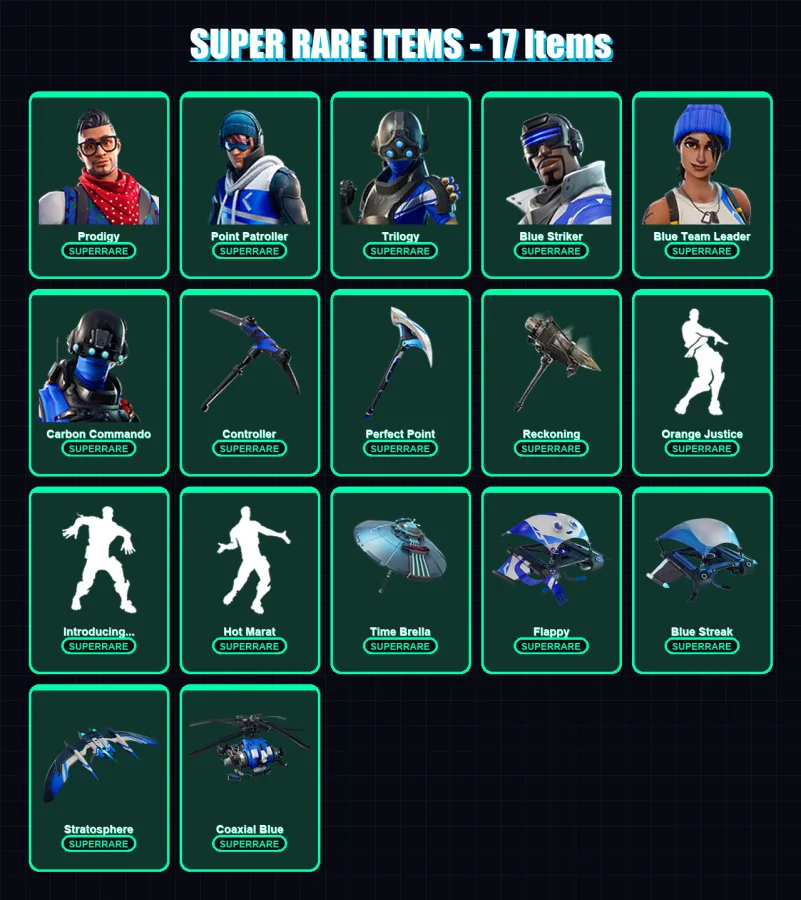 [PC] | Prodigy | Point Patroller | Trilogy | Blue Striker | Blue Team Leader | 78 skin | 86 pickaxe | 84 emote | 100 glider | Lv1378