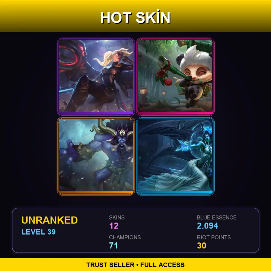 LAS | Riot Kayle | Panda Teemo | Unchained Alistar | Ghost Bride Morgana | 12 Skin | 71 Champ | Lv39