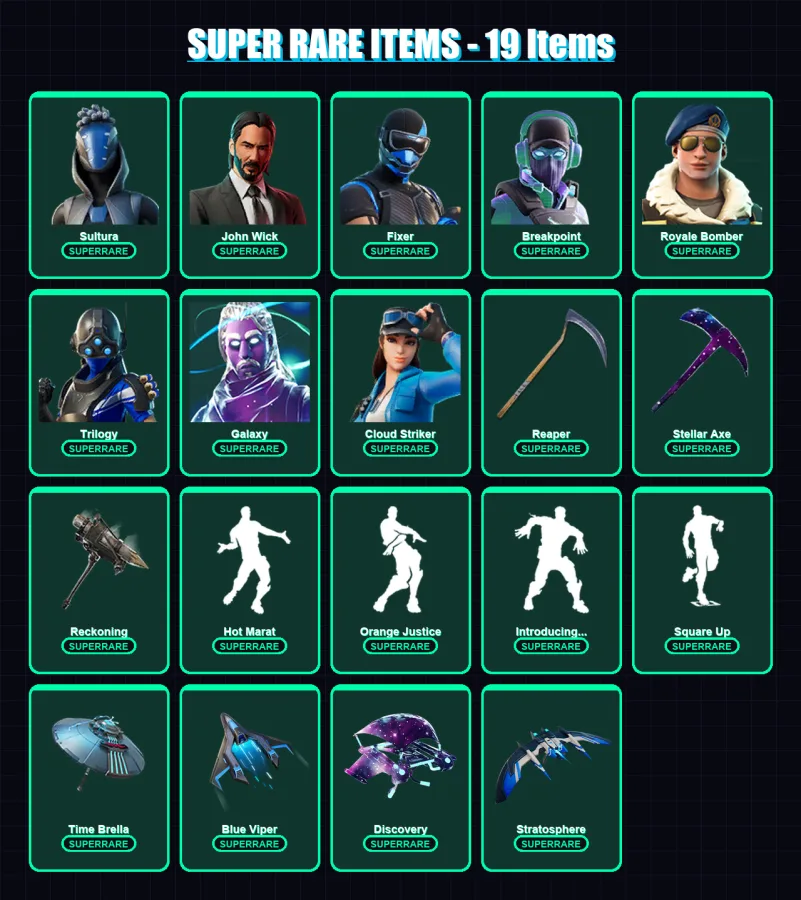 [PS4/PS5/XBOX/PC] | Sultura | John Wick | Fixer | Breakpoint | Royale Bomber | 167 skin | 129 pickaxe | 112 emote | 120 glider | Lv1661
