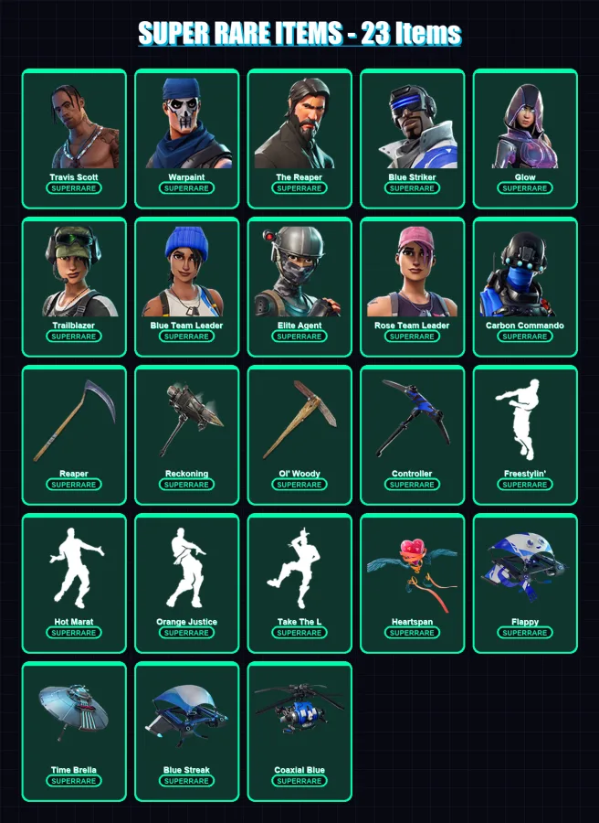 [PS4/PS5/XBOX/PC] | Travis Scott | Warpaint | The Reaper | Blue Striker | Glow | 150 skin | 156 pickaxe | 134 emote | 156 glider | Lv2704