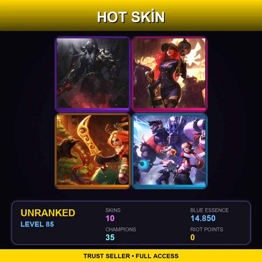 LAN | Blood Moon Aatrox | Crime City Miss Fortune | Slay Belle Katarina | TPA Nunu & Willump | 10 Skin | 35 Champ | Lv85
