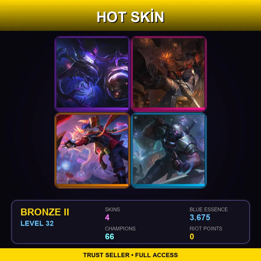 EUW | Dark Star Orianna | High Noon Yone | Lunar Beast Aphelios | PsyOps Shen | 4 Skin | 66 Champ | Bronze II | Lv32