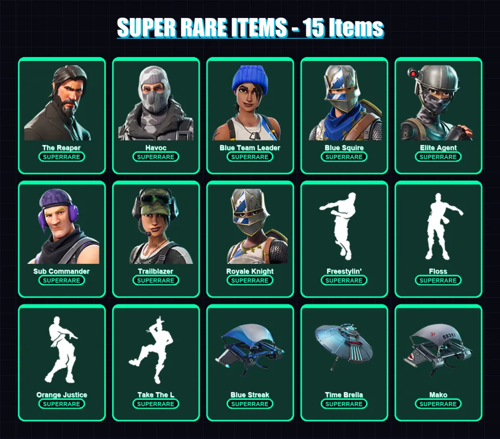 [PS4/PS5/XBOX/PC] | The Reaper | Havoc | Blue Team Leader | Blue Squire | Elite Agent | 41 skin | 49 pickaxe | 49 emote | 57 glider | Lv727