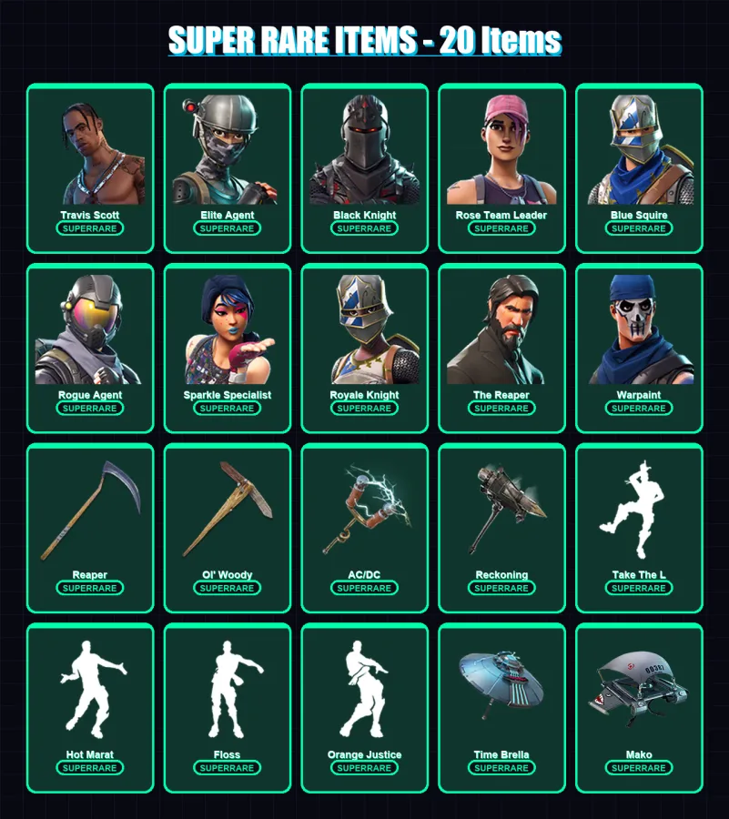 [PC/PSN] | Travis Scott | Elite Agent | Black Knight | Rose Team Leader | Blue Squire | 121 skin | 150 pickaxe | 128 emote | 131 glider | Lv2089