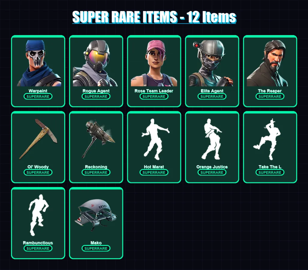 [PC/XBOX] | Warpaint | Rogue Agent | Rose Team Leader | Elite Agent | The Reaper | 30 skin | 24 pickaxe | 40 emote | 29 glider | Lv421