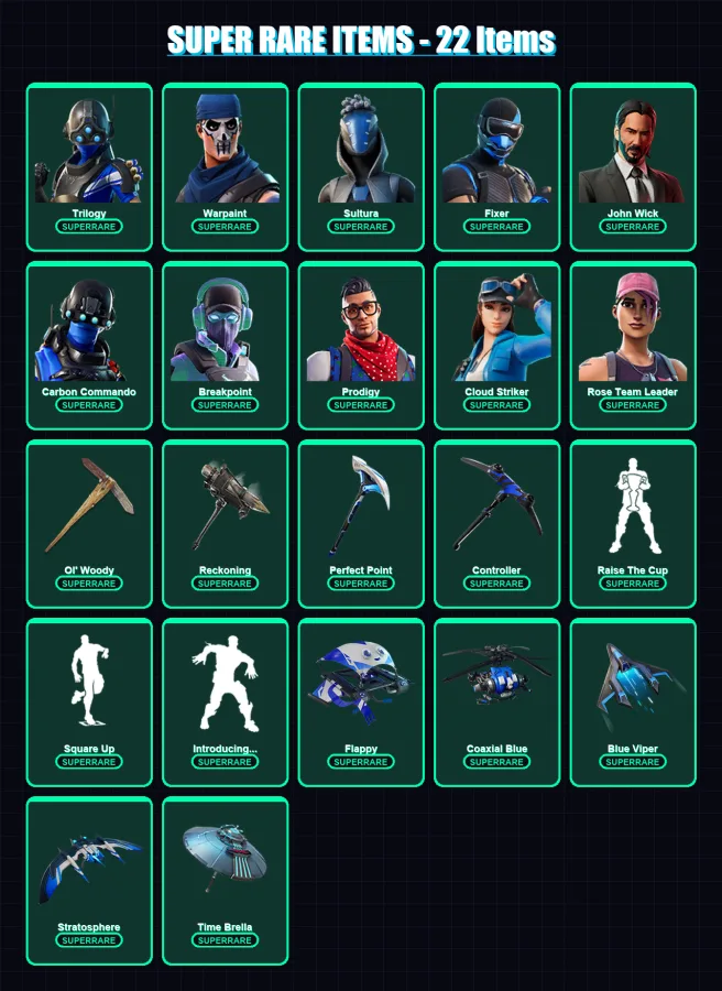 [PS4/PS5/XBOX/PC] | Trilogy | Warpaint | Sultura | Fixer | John Wick | 187 skin | 175 pickaxe | 194 emote | 135 glider | Lv1585
