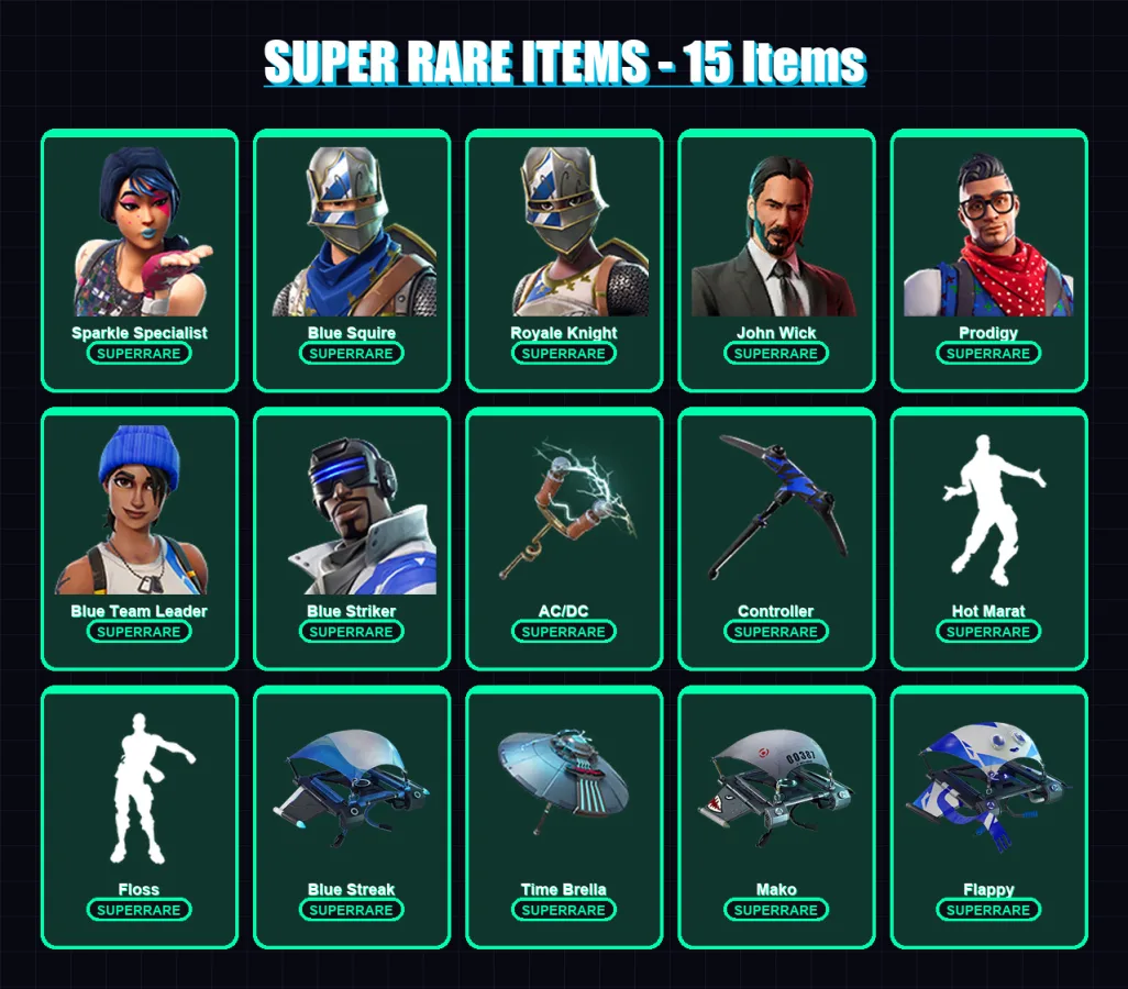 [PC] | Sparkle Specialist | Blue Squire | Royale Knight | John Wick | Prodigy | 45 skin | 79 pickaxe | 70 emote | 74 glider | Lv1187