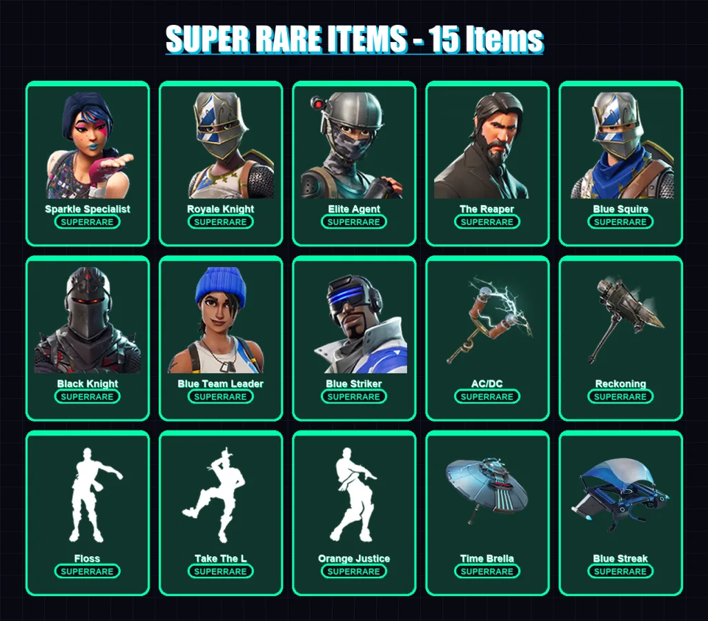 [PS4/PS5/XBOX/PC] | Sparkle Specialist | Royale Knight | Elite Agent | The Reaper | Blue Squire | 31 skin | 62 pickaxe | 35 emote | 51 glider | Lv10