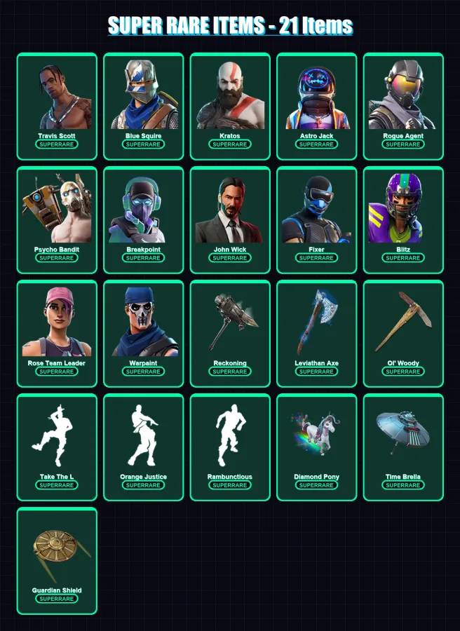 [PC/XBOX] | Travis Scott | Blue Squire | Kratos | Astro Jack | Rogue Agent | 458 skin | 283 pickaxe | 260 emote | 189 glider | Lv1899