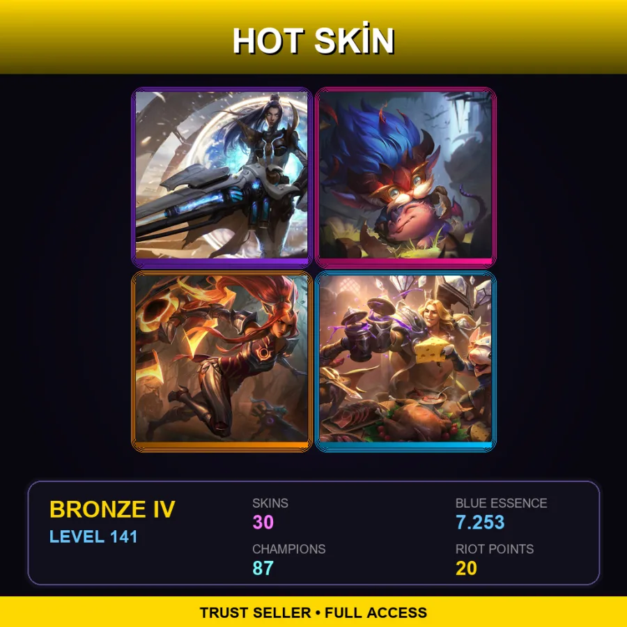 TR | Pulsefire Caitlyn | Dragon Trainer Heimerdinger | Solar Eclipse Sivir | Twitch Shadowfoot | 30 Skin | 87 Champ | Bronze IV | Lv141