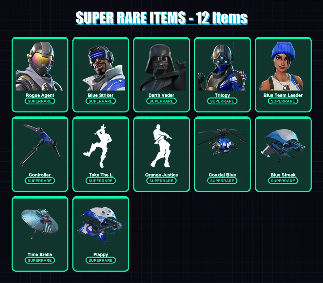 [PS4/PS5/XBOX/PC] | Rogue Agent | Blue Striker | Darth Vader | Trilogy | Blue Team Leader | 49 skin | 54 pickaxe | 56 emote | 63 glider | Lv914