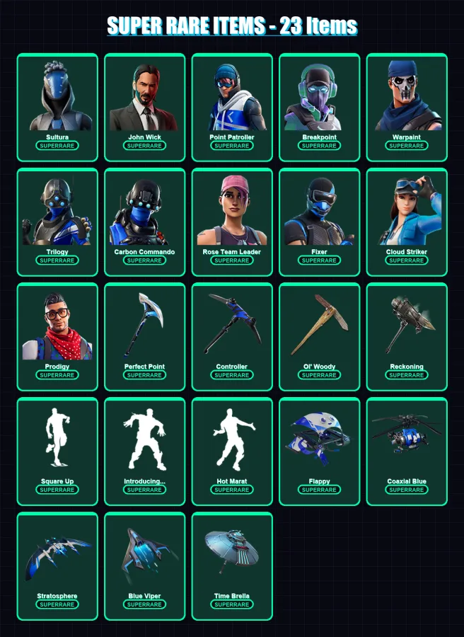 [PC/XBOX] | Sultura | John Wick | Point Patroller | Breakpoint | Warpaint | 155 skin | 164 pickaxe | 179 emote | 152 glider | Lv2362