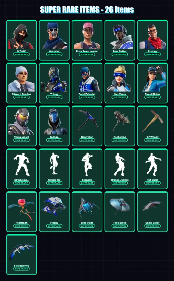 [PS4/PS5/XBOX/PC] | IKONIK | Warpaint | Rose Team Leader | Blue Striker | Prodigy | 95 skin | 88 pickaxe | 101 emote | 84 glider | Lv841