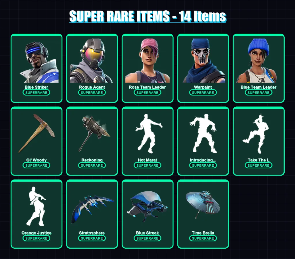 [PC] | Blue Striker | Rogue Agent | Rose Team Leader | Warpaint | Blue Team Leader | 91 skin | 77 pickaxe | 100 emote | 80 glider | Lv1050