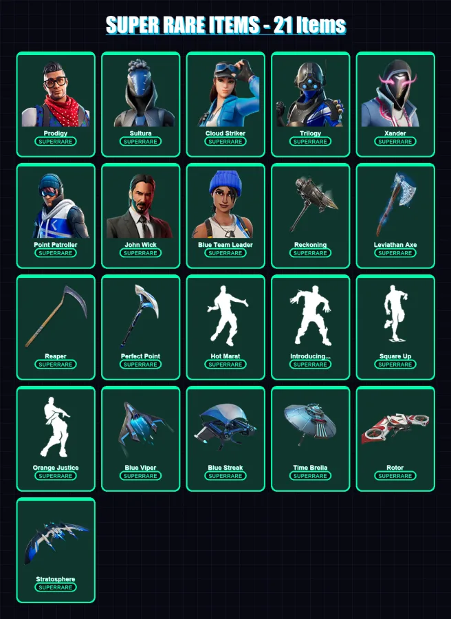 [PC] | Prodigy | Sultura | Cloud Striker | Trilogy | Xander | 224 skin | 271 pickaxe | 238 emote | 193 glider | Lv3449