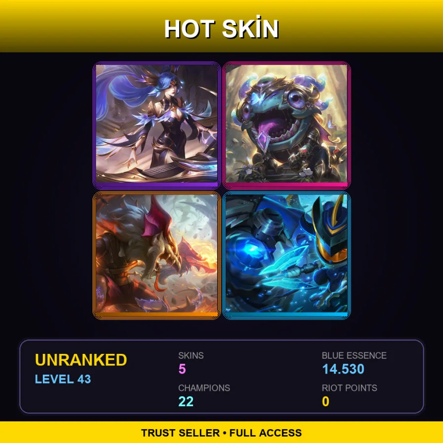 EUW | Lv43 | Unranked | 5 Skin | 22 Champ