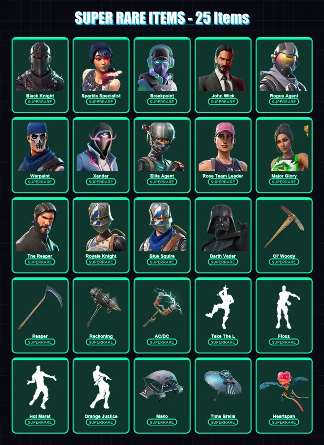 [PC] | Black Knight | Sparkle Specialist | Breakpoint | John Wick | Rogue Agent | 602 skin | 550 pickaxe | 609 emote | 346 glider | Lv6064 — Fortnite account