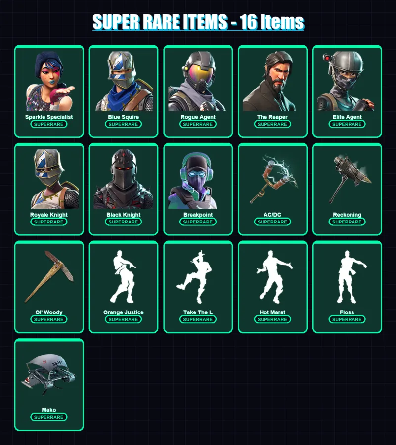 [PC] | Sparkle Specialist | Blue Squire | Rogue Agent | The Reaper | Elite Agent | 84 skin | 54 pickaxe | 68 emote | 61 glider | Lv1021