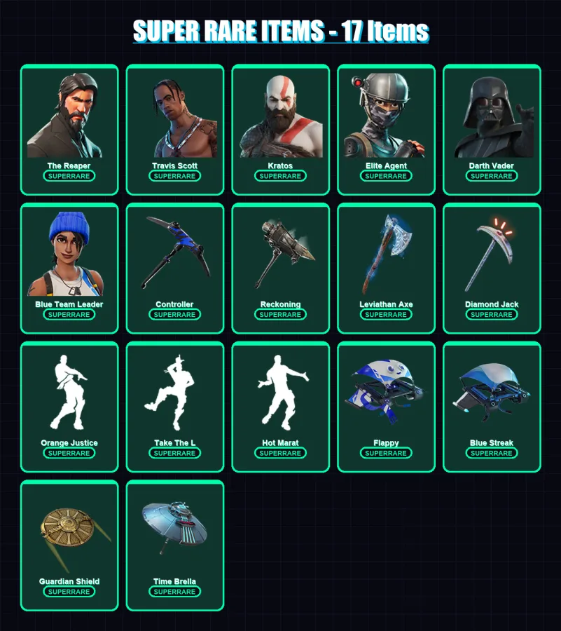 [PC/XBOX] | The Reaper | Travis Scott | Kratos | Elite Agent | Darth Vader | 131 skin | 152 pickaxe | 158 emote | 139 glider | Lv2190