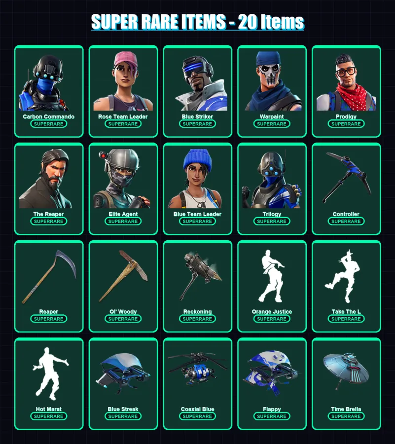 [PC/XBOX] | Carbon Commando | Rose Team Leader | Blue Striker | Warpaint | Prodigy | 80 skin | 77 pickaxe | 109 emote | 75 glider | Lv1396