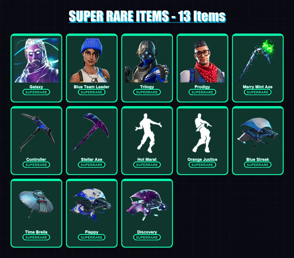 [PC/XBOX] | Galaxy | Blue Team Leader | Trilogy | Prodigy | Molten Valkyrie | 76 skin | 101 pickaxe | 96 emote | 98 glider | Lv1647 — Fortnite account