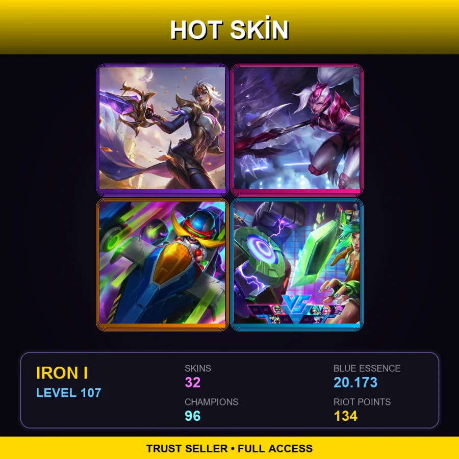 SG | Victorious Fiora | Challenger Nidalee | Arcade Corki | Arcade Riven | 32 Skin | 96 Champ | Iron I | Lv107