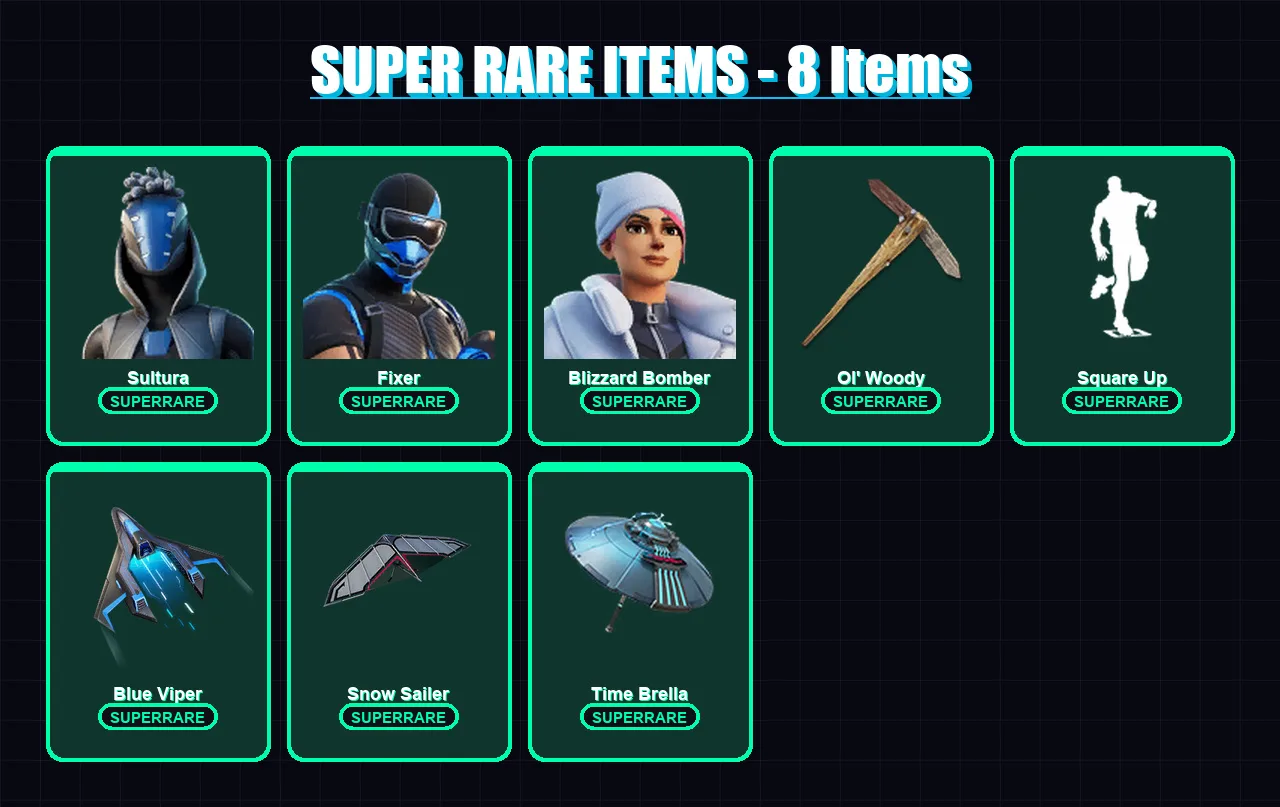 [PC] | Sultura | Fixer | Blizzard Bomber | Paradigm (Reality-659) | Kado Thorne | 185 skin | 223 pickaxe | 180 emote | 186 glider | Lv2747
