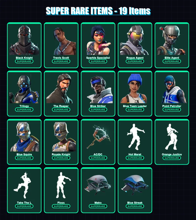 [PS4/PS5/XBOX/PC] | Black Knight | Travis Scott | Sparkle Specialist | Rogue Agent | Elite Agent | 48 skin | 42 pickaxe | 55 emote | 53 glider | Lv9