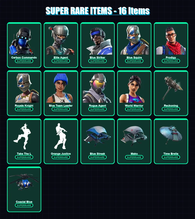[PS4/PS5/XBOX/PC] | Carbon Commando | Elite Agent | Blue Striker | Blue Squire | Prodigy | 58 skin | 43 pickaxe | 57 emote | 61 glider | Lv891