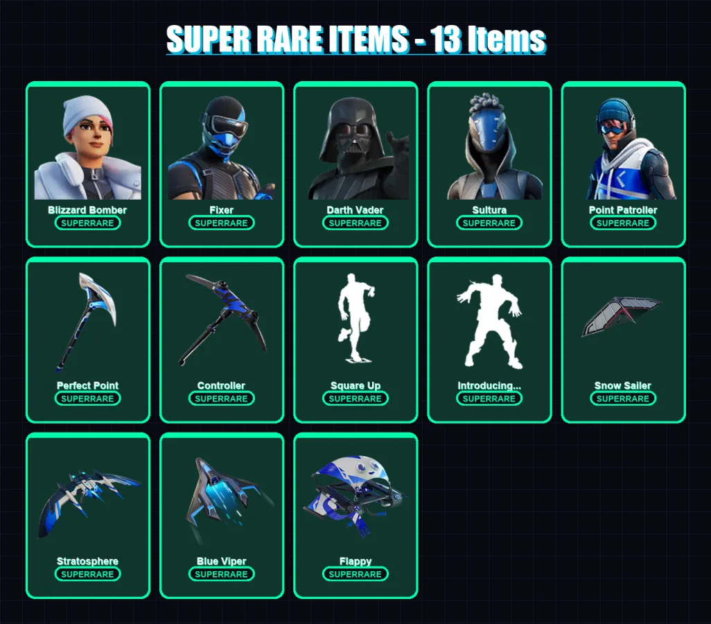[PS4/PS5/XBOX/PC] | Blizzard Bomber | Fixer | Darth Vader | Sultura | Point Patroller | 124 skin | 150 pickaxe | 94 emote | 126 glider | Lv1801
