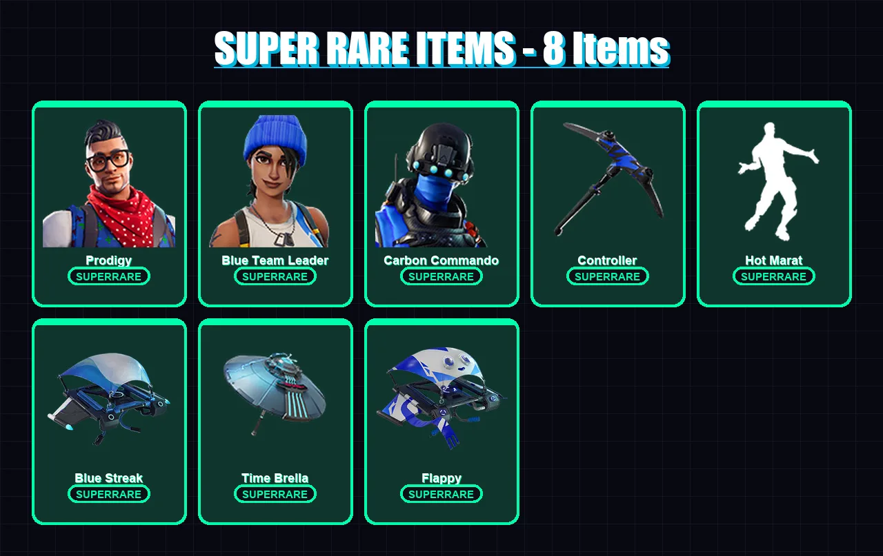 [PS4/PS5/XBOX/PC] | Prodigy | Blue Team Leader | Carbon Commando | Zenith | Lynx | 55 skin | 91 pickaxe | 54 emote | 59 glider | Lv631